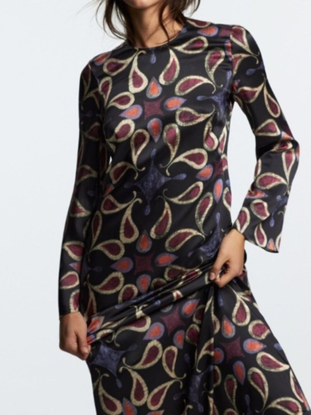Zare Printed Midi Medallion Dress Long Bell Sleeves A Line Side Pockets Size L